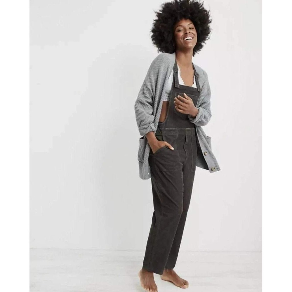 Aerie Corduroy Overalls Women Large Gray Stretch Raw Hem Casual Coastal Boho